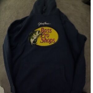 Bass Pro Shops Johnny Morris Hoodie Mens Medium Navy Blue Pullover Sweatshirt